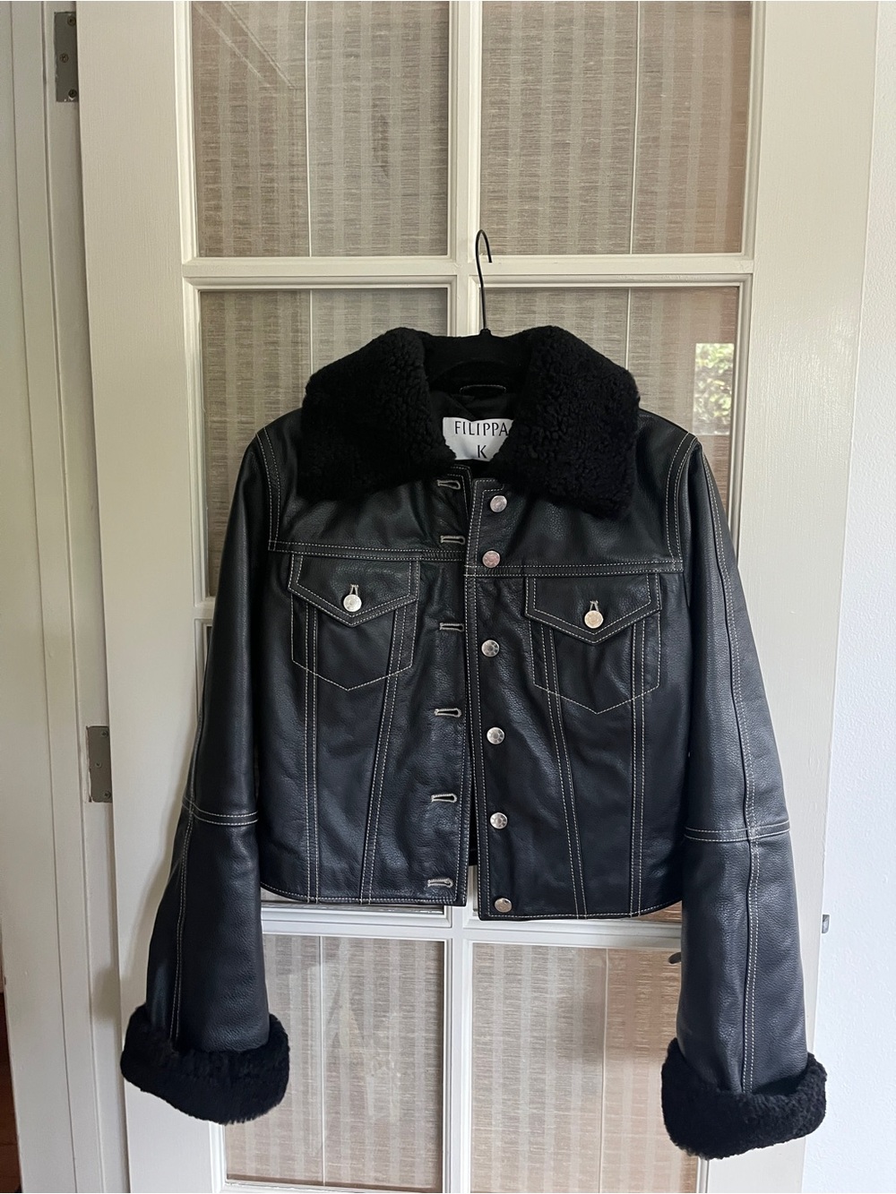 Filippa K Women's Black Leather Cropped Shearling Jacket